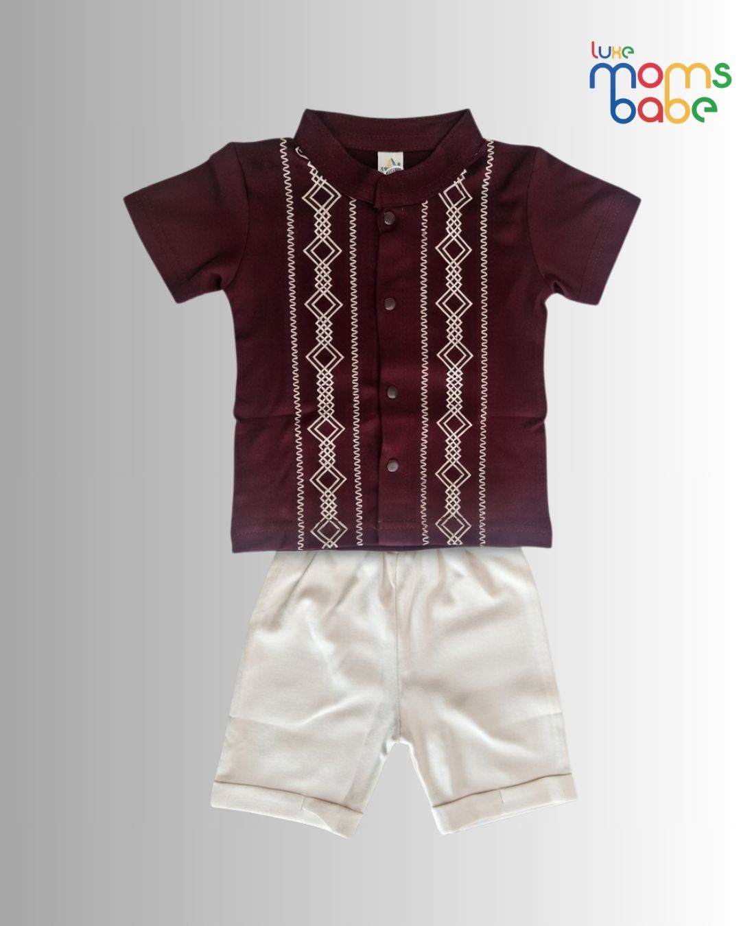 baby boy's maroon printed half sleeves shirt & cream shorts set