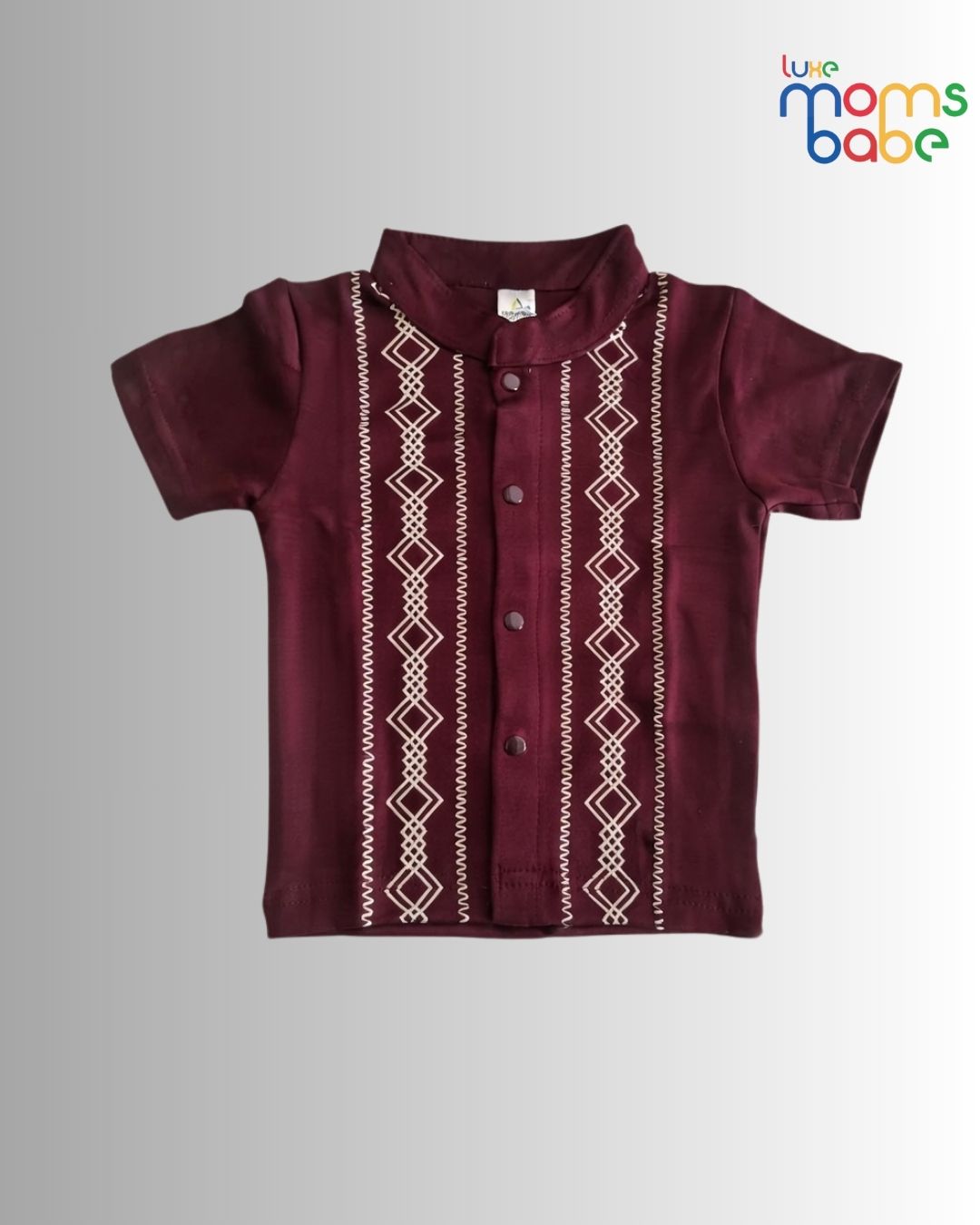 baby boy's maroon printed half sleeves shirt & cream shorts set