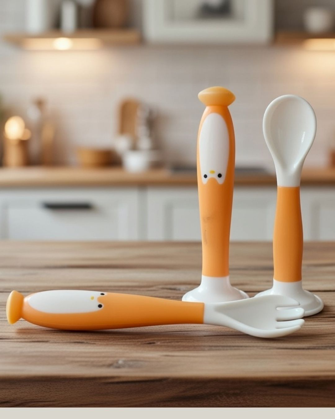 kids silicone orange and white baby fork and spoon set