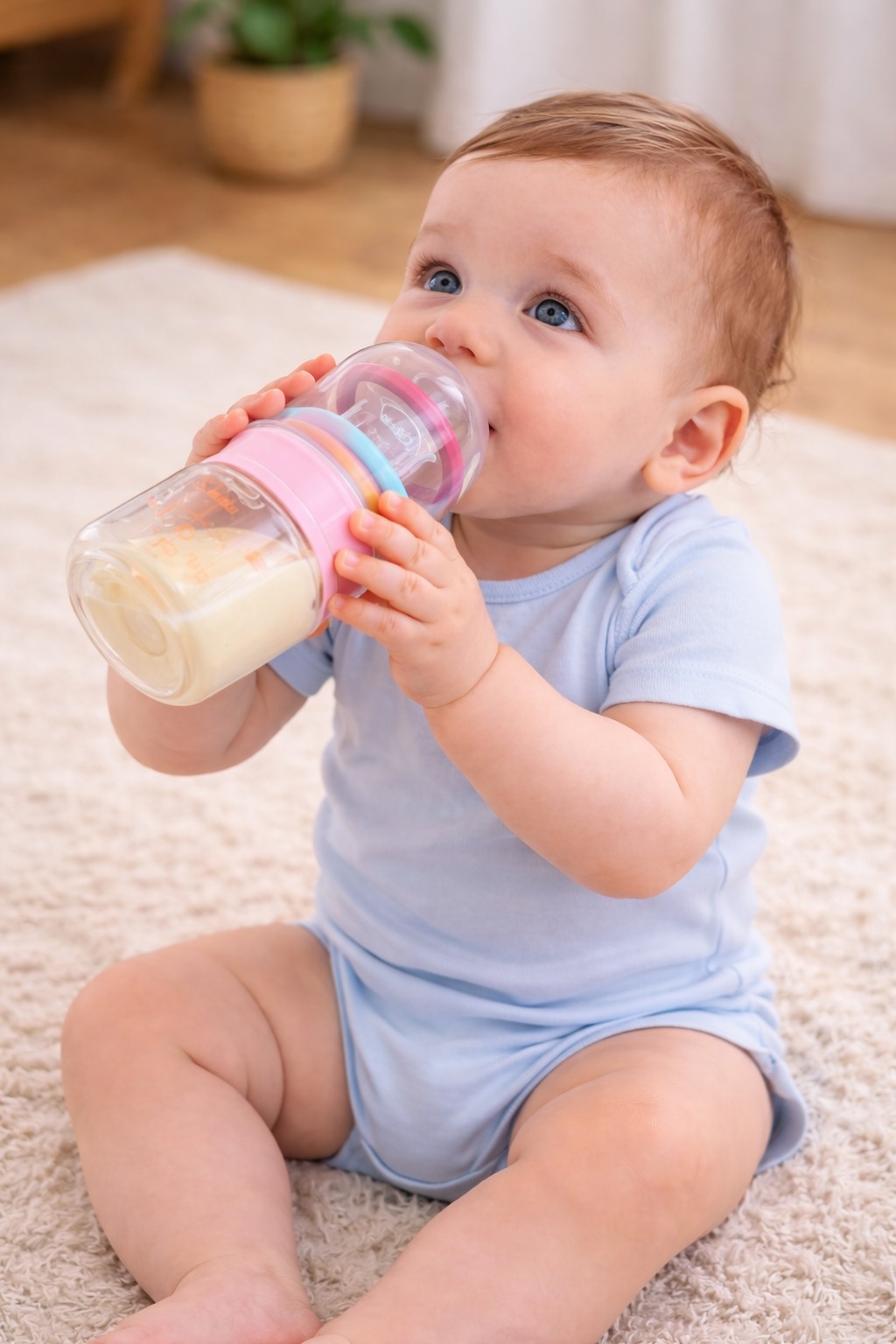 baby feeding bottle with silicone teether rings & storage cap