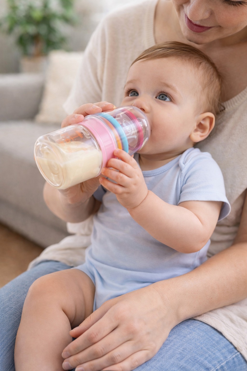 baby feeding bottle with silicone teether rings & storage cap