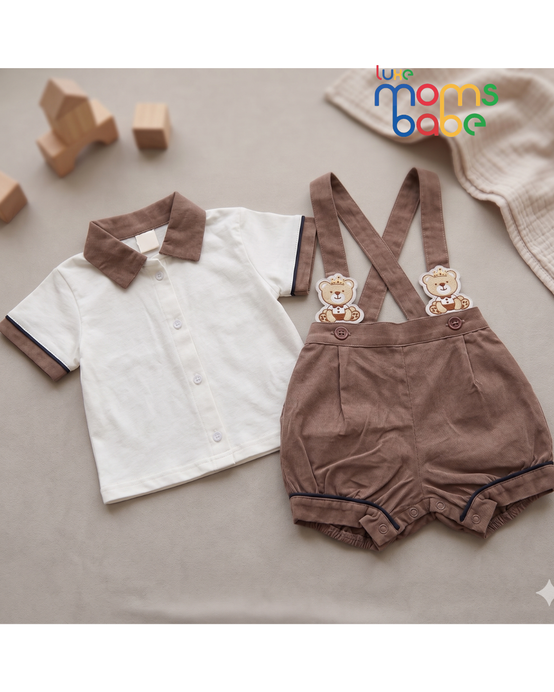 baby boy 2 piece brown bear suspender summer set (3–9 months)