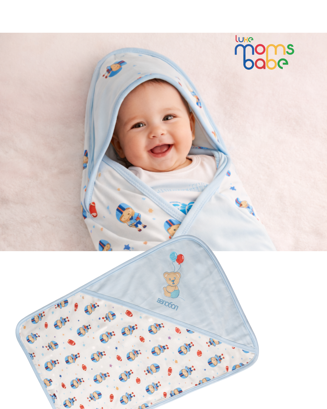 soft cotton baby hooded swaddle wrap – sports print, blue peach pink | newborn blanket & bath towel soft cotton baby hooded swaddle wrap – sports print, blue peach pink | newborn blanket & bath towel