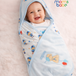 soft cotton baby hooded swaddle wrap – sports print, blue peach pink | newborn blanket & bath towel