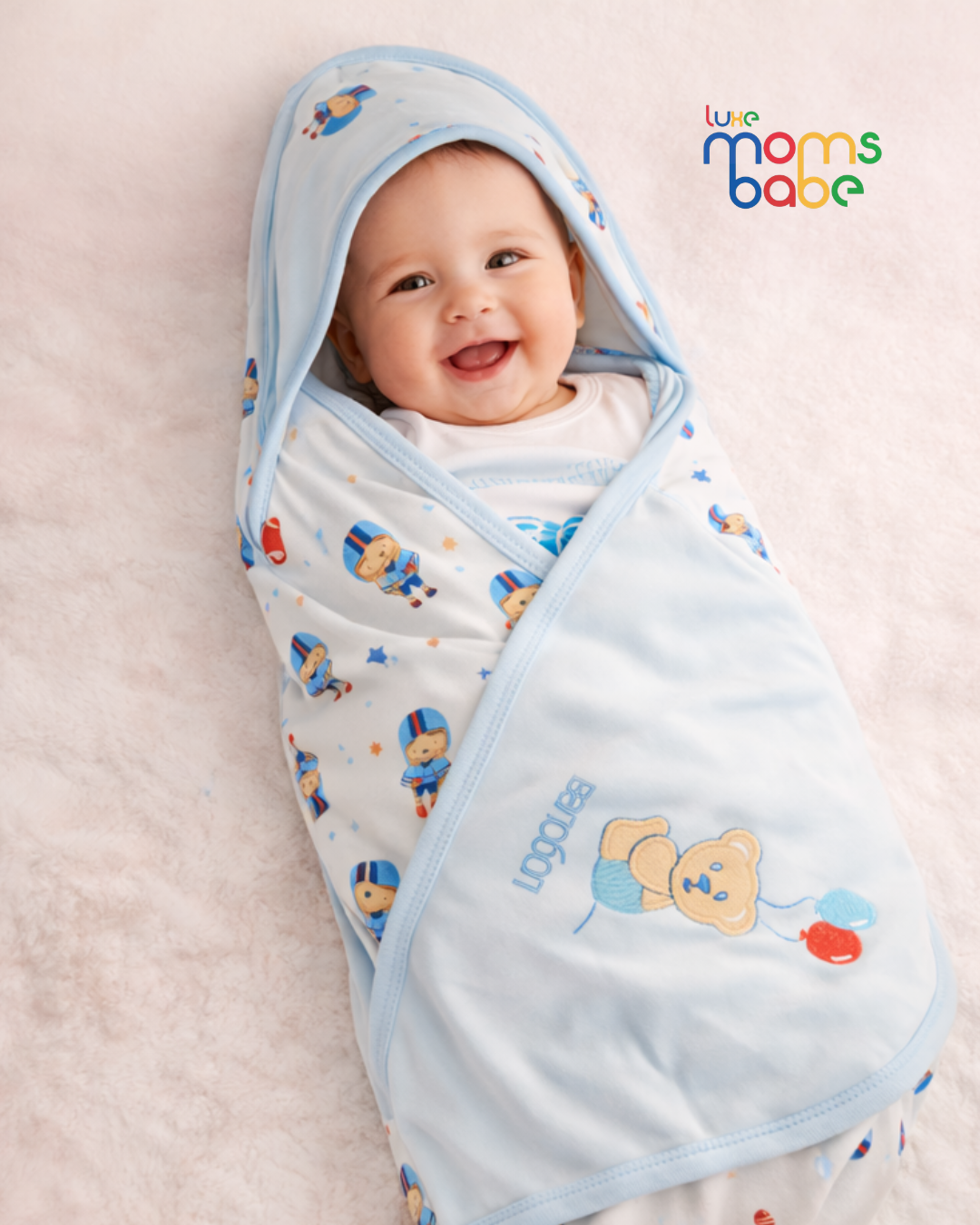 soft cotton baby hooded swaddle wrap – sports print, blue peach pink | newborn blanket & bath towel soft cotton baby hooded swaddle wrap – sports print, blue peach pink | newborn blanket & bath towel