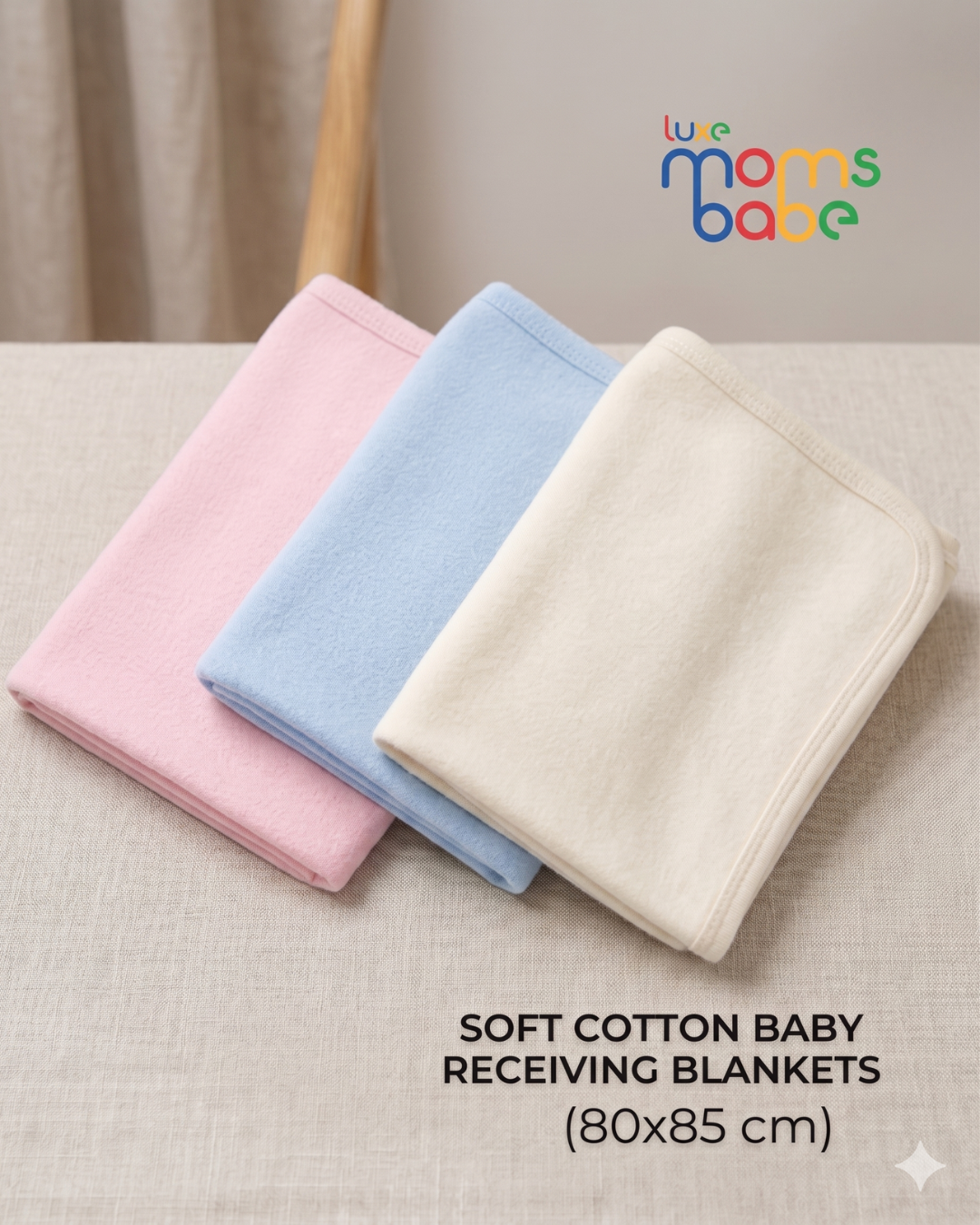 soft cotton baby receiving blanket – 80x85 cm | pink, blue & cream