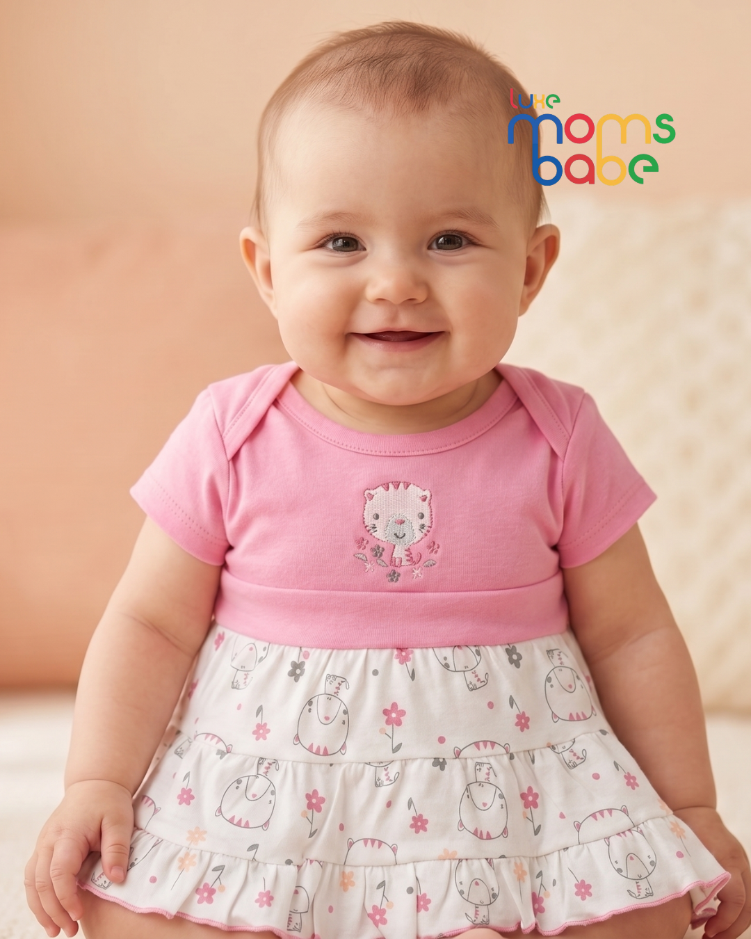 baby girl cotton dress – pink top & pattern skirt (3–9 months), 100% soft cotton baby girl cotton dress – pink top & pattern skirt (3–9 months), 100% soft cotton