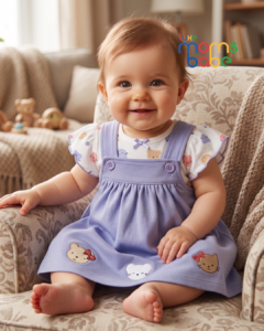 Baby Girl Lovely Lavender Dungaree Dress Set – 2-Piece Pinafore Outfit with Printed Top