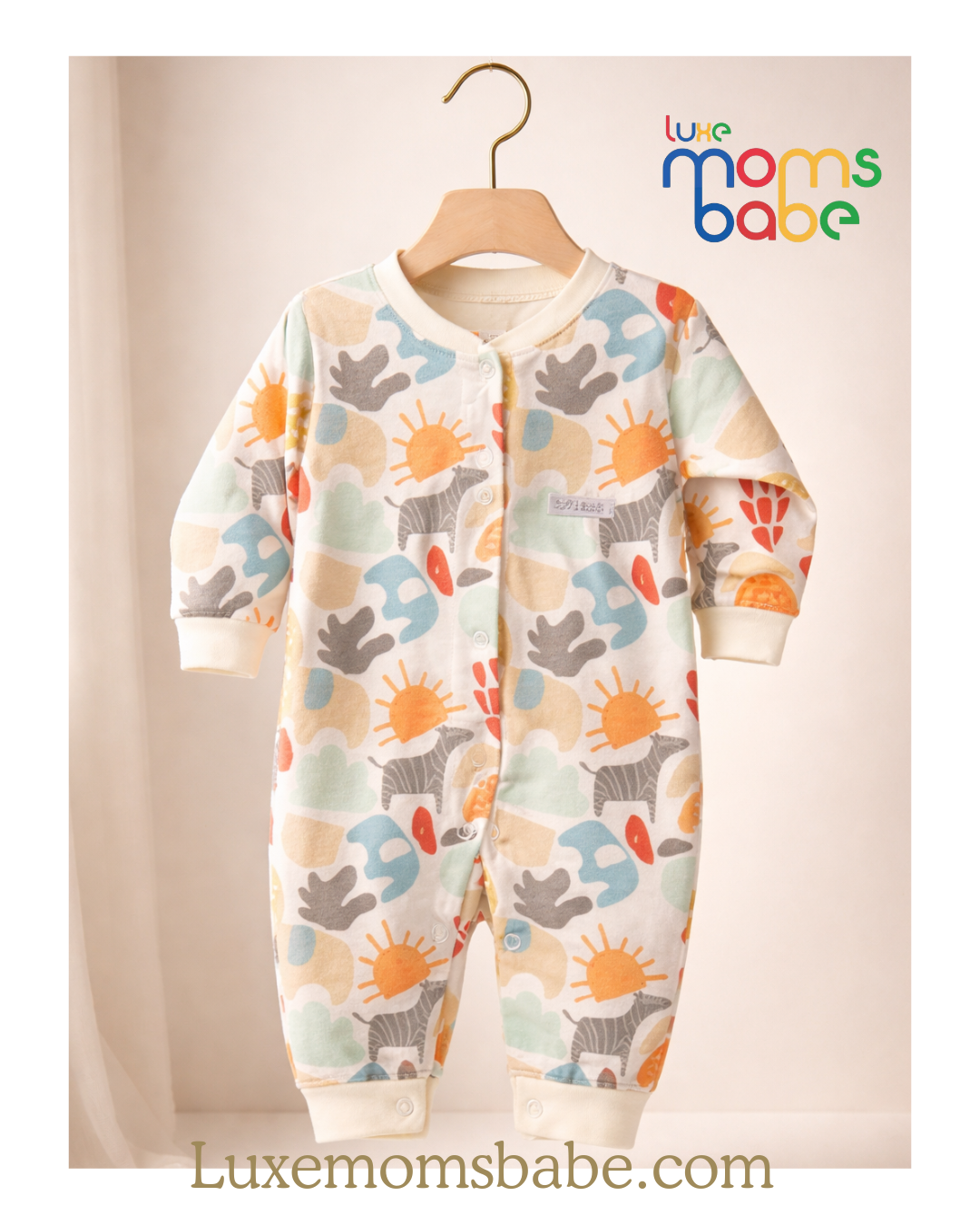 unisex baby safari print sleepsuit – soft cotton (0–12m)
